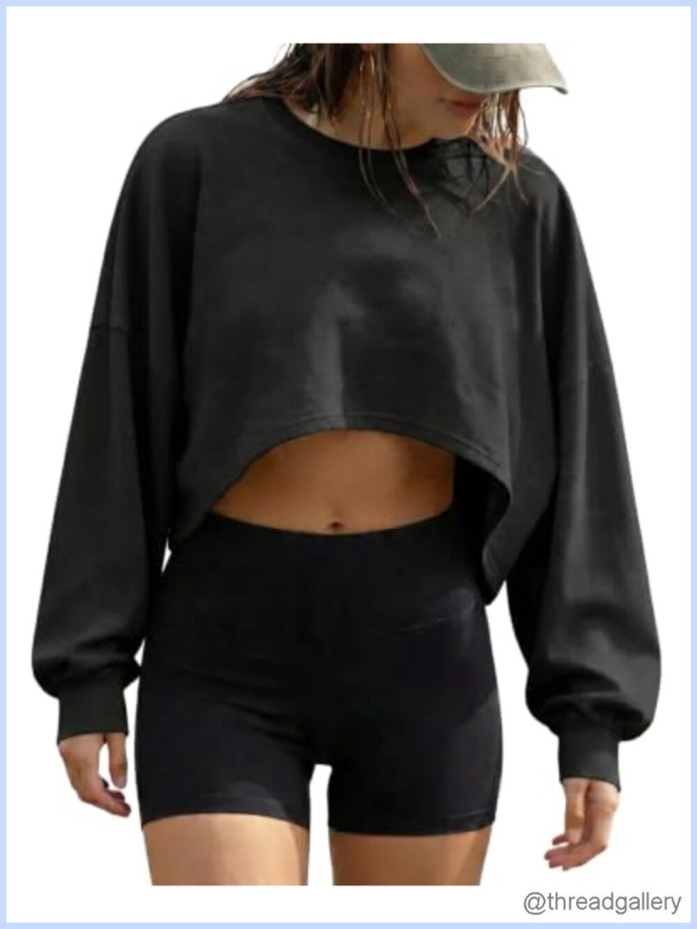 Womens Cropped Long Sleeve Drop Shoulder Loose Fit Lightweight Workout T-Shirt